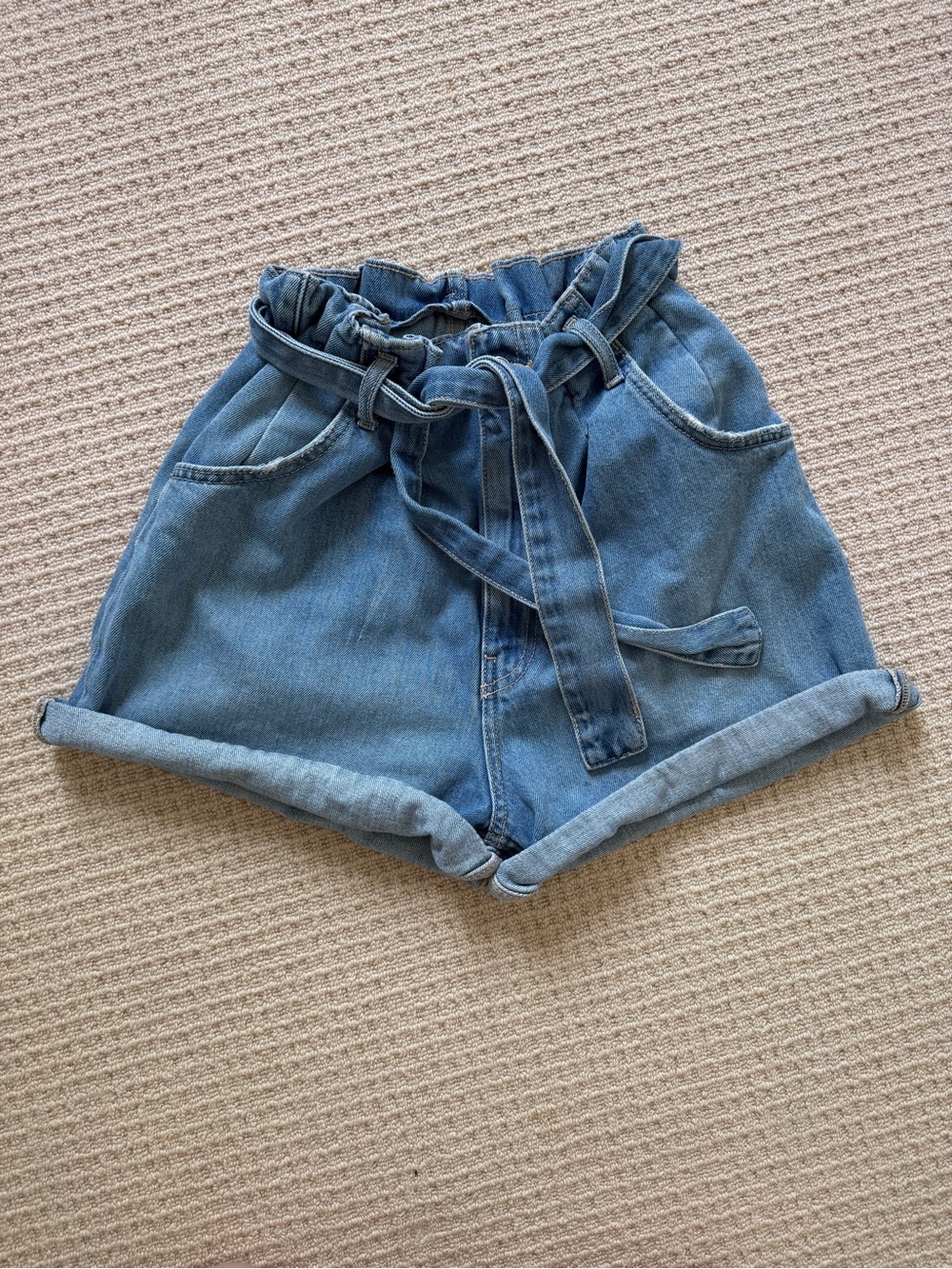 Zara High-Waist Paperbag Denim Shorts - Blue Size 4